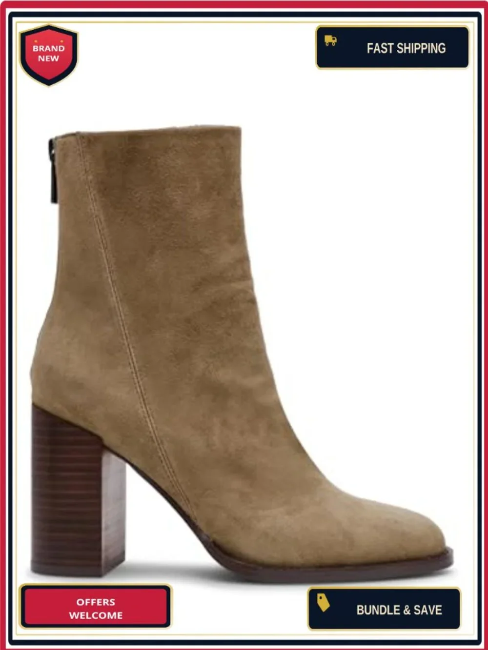 Suede Ankle Bootie Block Heel Zip Closure